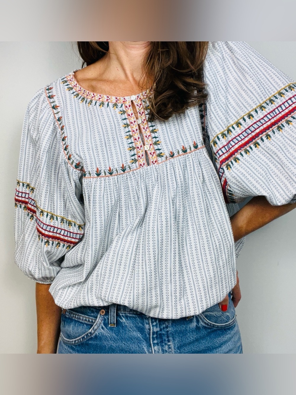 Zara TRF Embroidered Striped Peasant Blouse – Boho Blue & White – XL